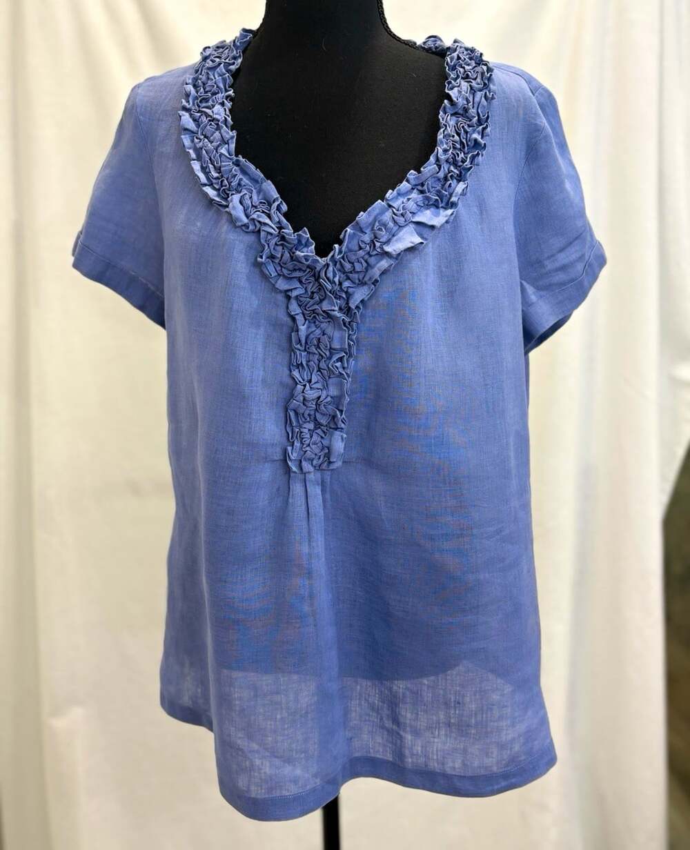 Talbots Women’s Blue 100% Linen V-Neck Ruffle Trim Short Sleeve Blouse 12